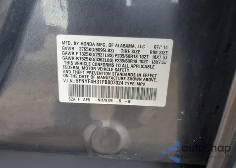 2015 Honda Pilot Se z USA, uszkodzony, nr VIN 5FNYF4H31FB007024